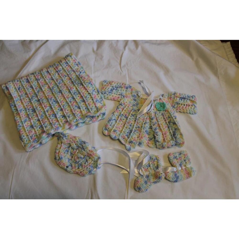 NEW Hand Crocheted Baby Girl Layette Outfit, Made from Vintage Pattern